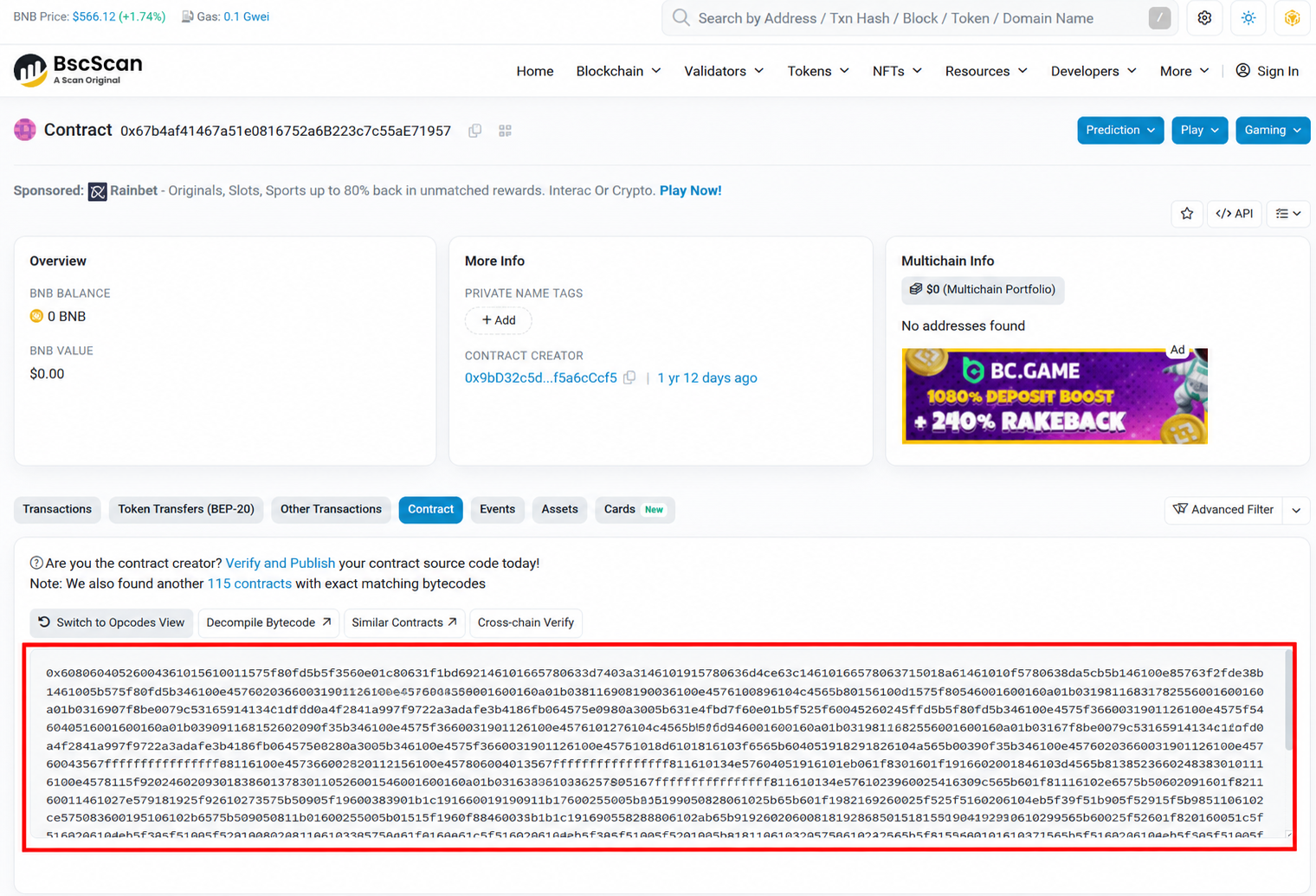 BscScan bytecode view for Contract A, showing the cluster of contracts sharing its bytecode
