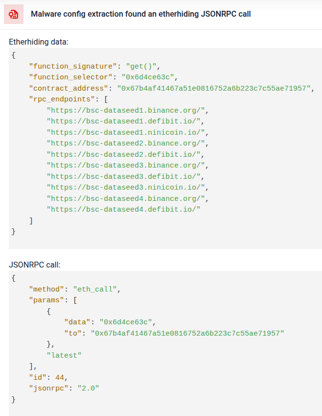 Filescan config extractor showing the EtherHiding smart-contract value pulled from the sample