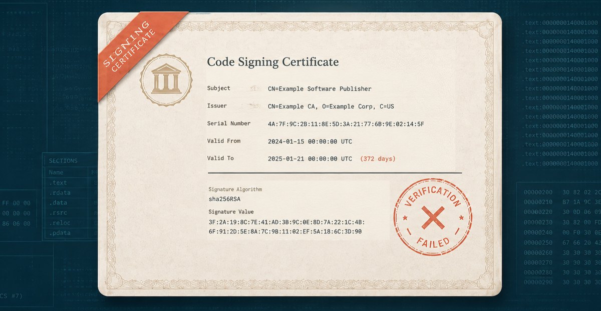 Forged code-signing certificate with a failed verification stamp